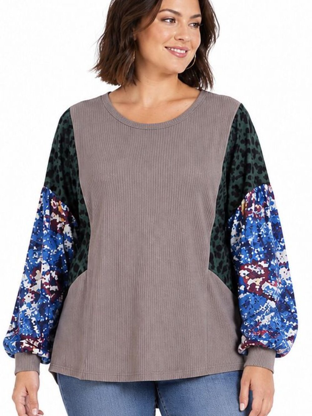 New UMGEE XL Aztec & Animal Mixed Print Boho Long Puff Sleeve Waffle Knit Top